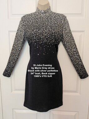 St John Evening by Marie Gray dress, Black w/ silver paillettes, 34" bust, VTG